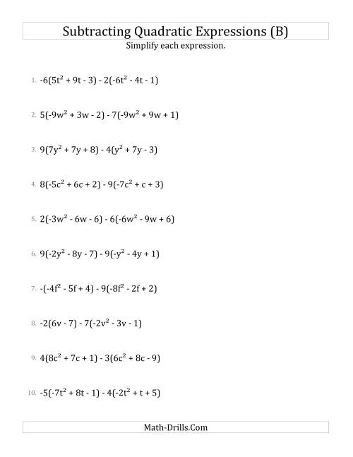 The Subtracting and Simplifying Quadratic Expressions with Multipliers (B) Math Worksheet