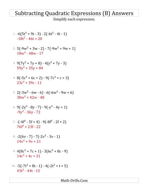 The Subtracting and Simplifying Quadratic Expressions with Multipliers (B) Math Worksheet Page 2