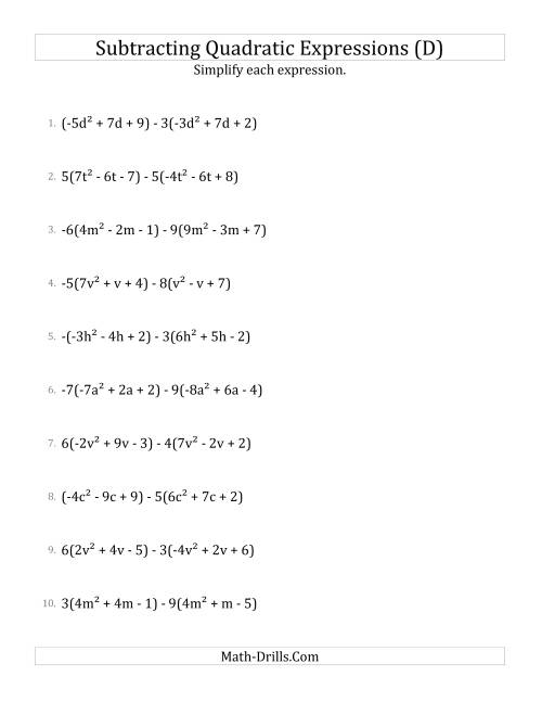 The Subtracting and Simplifying Quadratic Expressions with Multipliers (D) Math Worksheet