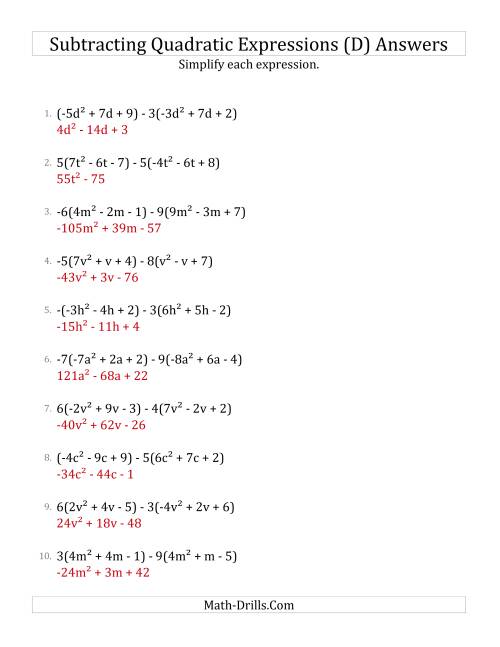 The Subtracting and Simplifying Quadratic Expressions with Multipliers (D) Math Worksheet Page 2