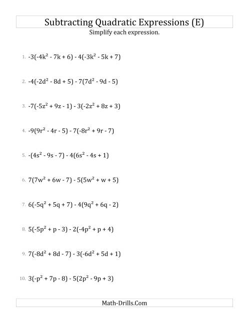 The Subtracting and Simplifying Quadratic Expressions with Multipliers (E) Math Worksheet