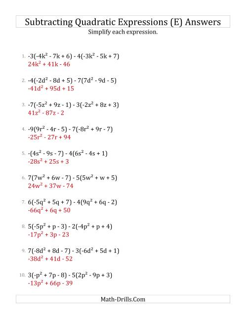 The Subtracting and Simplifying Quadratic Expressions with Multipliers (E) Math Worksheet Page 2
