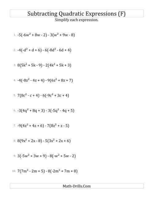 The Subtracting and Simplifying Quadratic Expressions with Multipliers (F) Math Worksheet