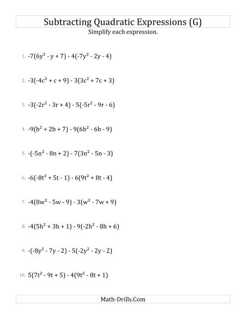 The Subtracting and Simplifying Quadratic Expressions with Multipliers (G) Math Worksheet