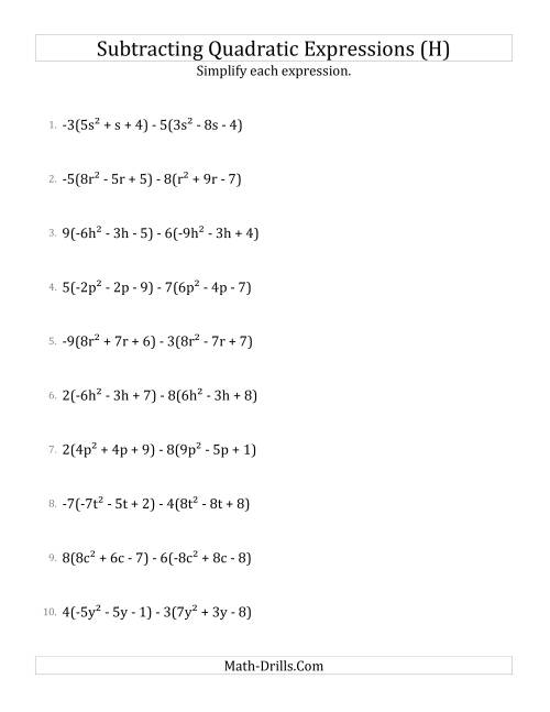 The Subtracting and Simplifying Quadratic Expressions with Multipliers (H) Math Worksheet