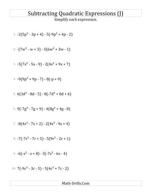 The Subtracting and Simplifying Quadratic Expressions with Multipliers (J) Math Worksheet
