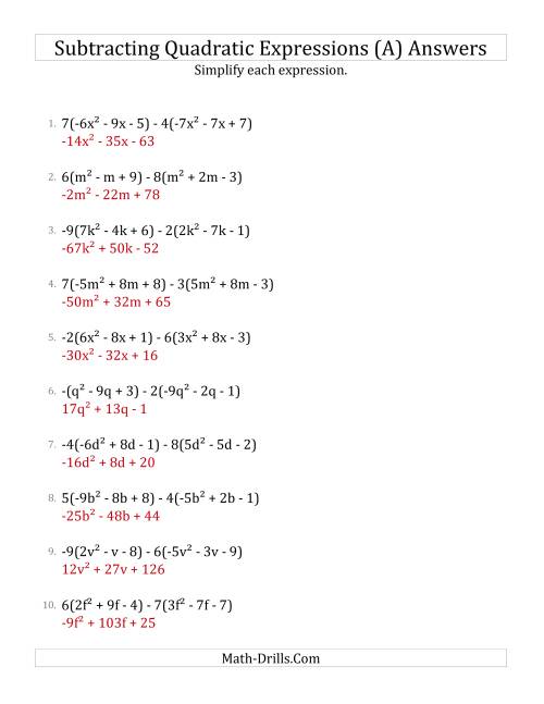 The Subtracting and Simplifying Quadratic Expressions with Multipliers (All) Math Worksheet Page 2