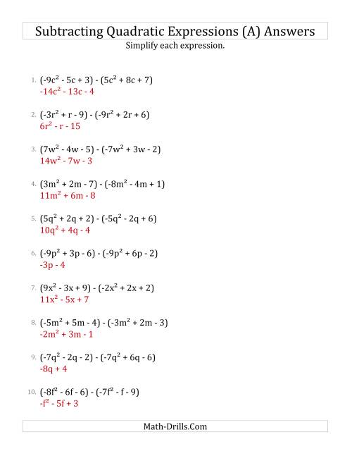The Subtracting and Simplifying Quadratic Expressions (A) Math Worksheet Page 2