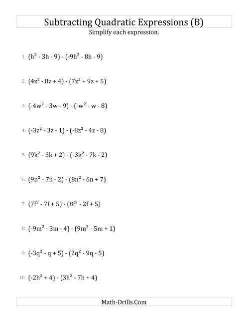 The Subtracting and Simplifying Quadratic Expressions (B) Math Worksheet