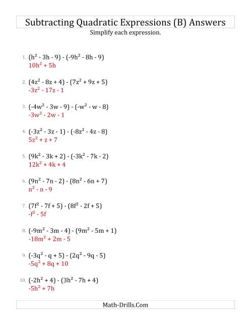 The Subtracting and Simplifying Quadratic Expressions (B) Math Worksheet Page 2