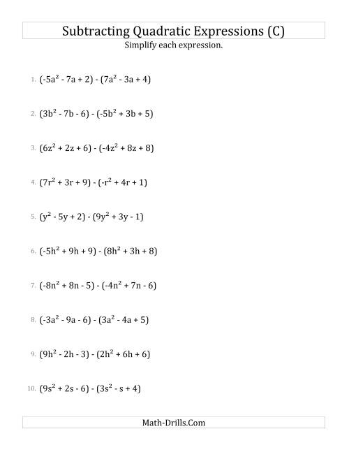 The Subtracting and Simplifying Quadratic Expressions (C) Math Worksheet