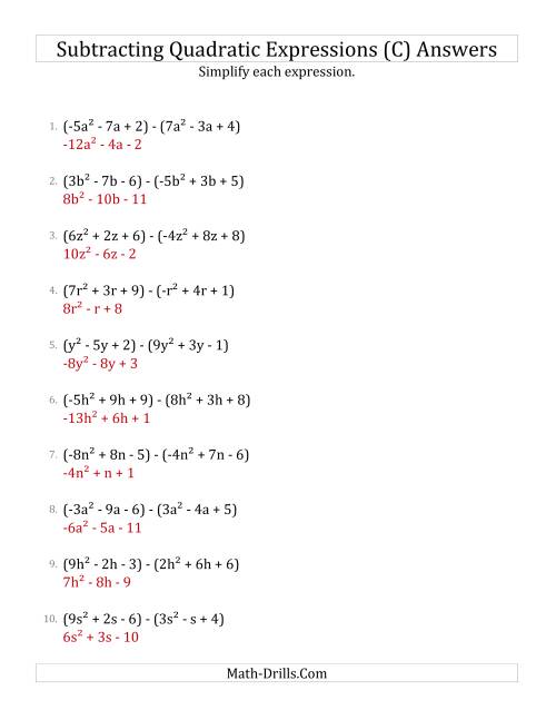 The Subtracting and Simplifying Quadratic Expressions (C) Math Worksheet Page 2