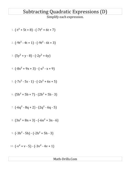 The Subtracting and Simplifying Quadratic Expressions (D) Math Worksheet