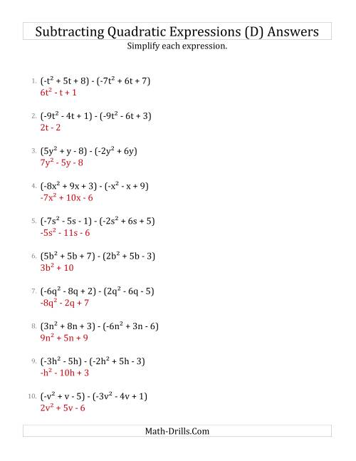 The Subtracting and Simplifying Quadratic Expressions (D) Math Worksheet Page 2