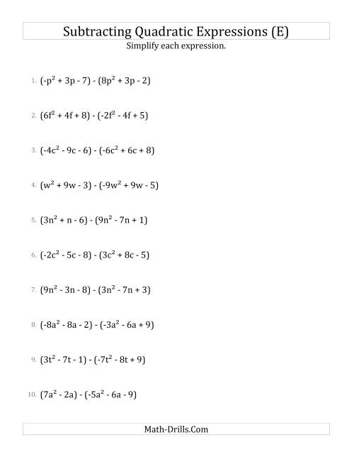 The Subtracting and Simplifying Quadratic Expressions (E) Math Worksheet