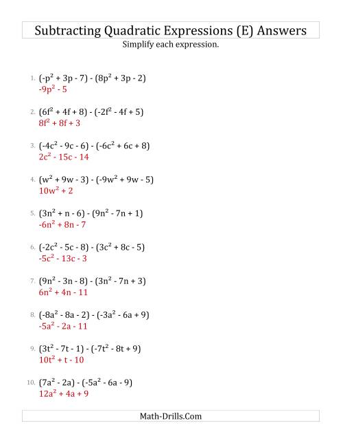 The Subtracting and Simplifying Quadratic Expressions (E) Math Worksheet Page 2