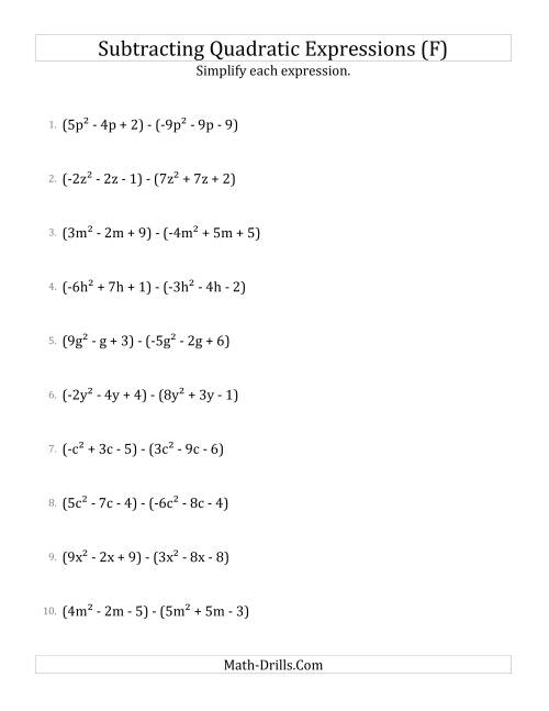 The Subtracting and Simplifying Quadratic Expressions (F) Math Worksheet