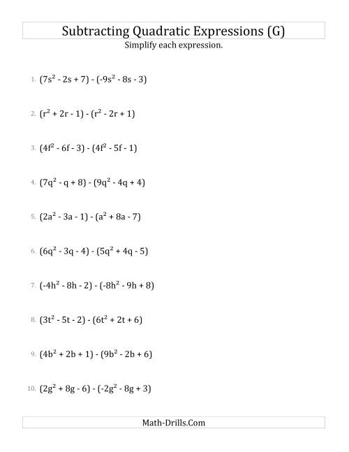 The Subtracting and Simplifying Quadratic Expressions (G) Math Worksheet