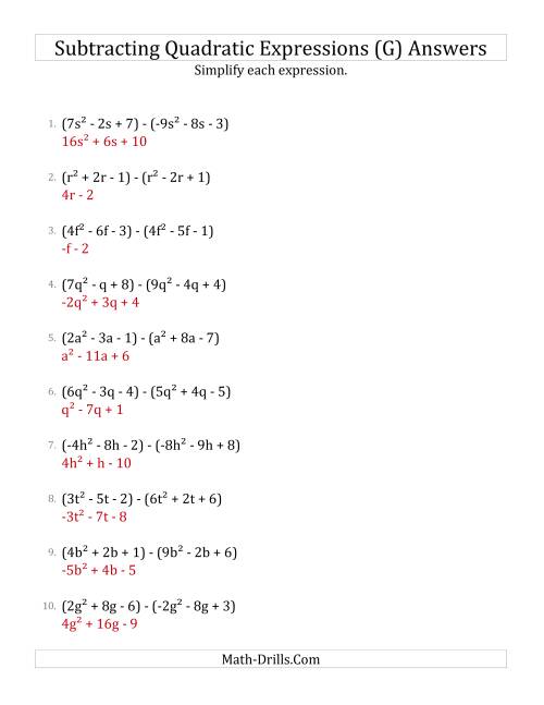 The Subtracting and Simplifying Quadratic Expressions (G) Math Worksheet Page 2