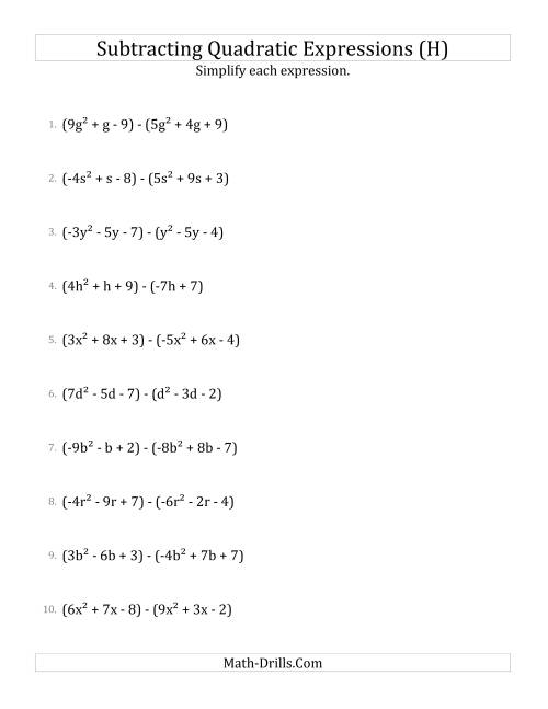 The Subtracting and Simplifying Quadratic Expressions (H) Math Worksheet