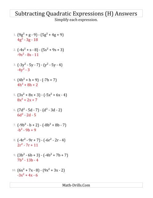 The Subtracting and Simplifying Quadratic Expressions (H) Math Worksheet Page 2