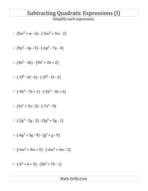 The Subtracting and Simplifying Quadratic Expressions (I) Math Worksheet