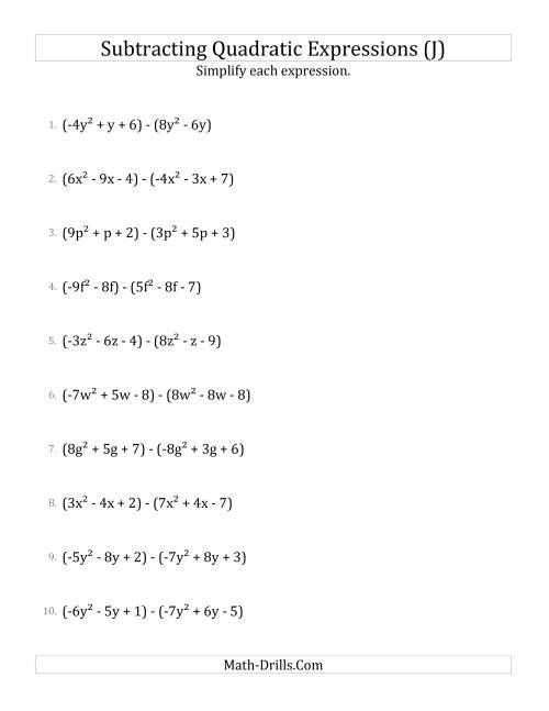 The Subtracting and Simplifying Quadratic Expressions (J) Math Worksheet