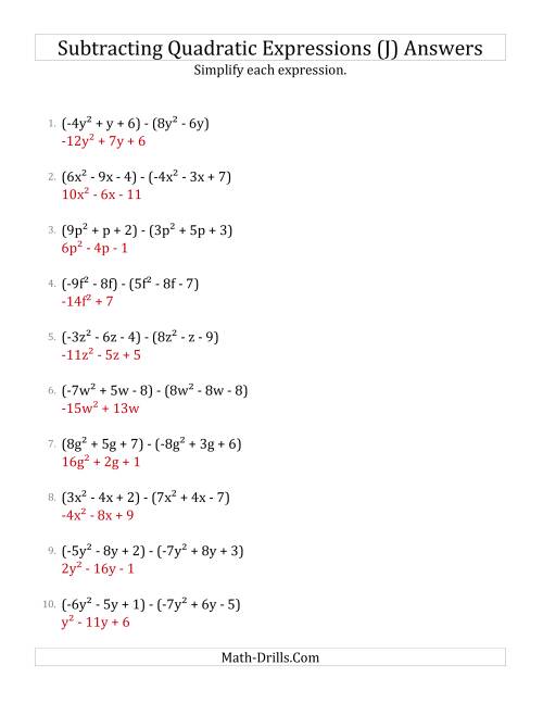 The Subtracting and Simplifying Quadratic Expressions (J) Math Worksheet Page 2