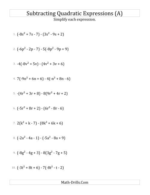 The Subtracting and Simplifying Quadratic Expressions with Some Multipliers (A) Math Worksheet