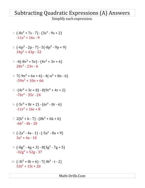 The Subtracting and Simplifying Quadratic Expressions with Some Multipliers (A) Math Worksheet Page 2