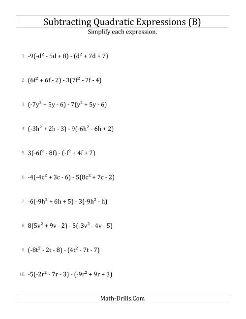 The Subtracting and Simplifying Quadratic Expressions with Some Multipliers (B) Math Worksheet