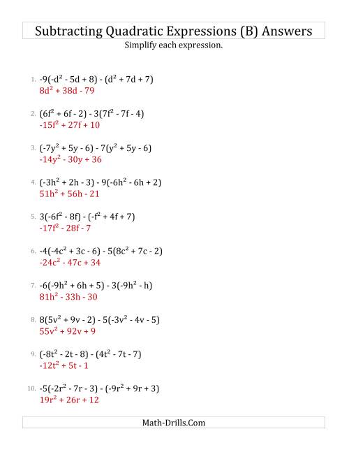The Subtracting and Simplifying Quadratic Expressions with Some Multipliers (B) Math Worksheet Page 2