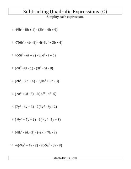 The Subtracting and Simplifying Quadratic Expressions with Some Multipliers (C) Math Worksheet