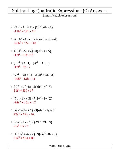 The Subtracting and Simplifying Quadratic Expressions with Some Multipliers (C) Math Worksheet Page 2
