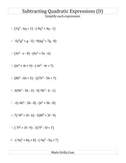 The Subtracting and Simplifying Quadratic Expressions with Some Multipliers (D) Math Worksheet