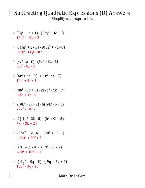 The Subtracting and Simplifying Quadratic Expressions with Some Multipliers (D) Math Worksheet Page 2