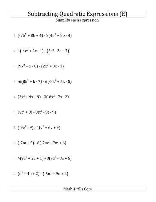 The Subtracting and Simplifying Quadratic Expressions with Some Multipliers (E) Math Worksheet