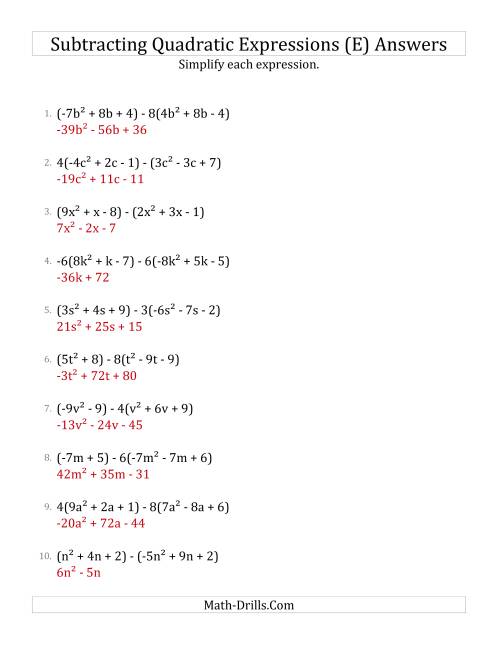 The Subtracting and Simplifying Quadratic Expressions with Some Multipliers (E) Math Worksheet Page 2