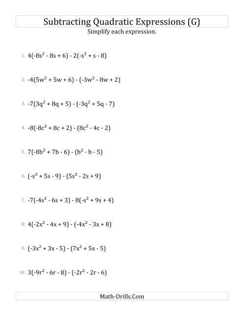 The Subtracting and Simplifying Quadratic Expressions with Some Multipliers (G) Math Worksheet