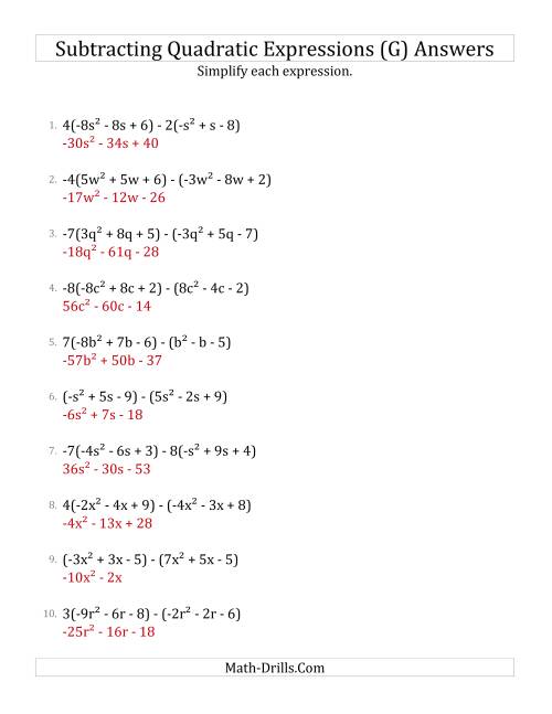The Subtracting and Simplifying Quadratic Expressions with Some Multipliers (G) Math Worksheet Page 2
