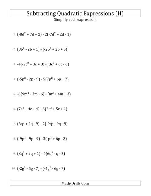 The Subtracting and Simplifying Quadratic Expressions with Some Multipliers (H) Math Worksheet