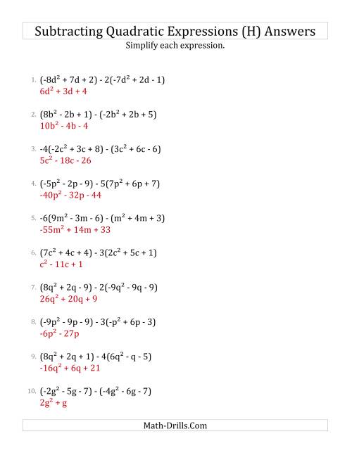 The Subtracting and Simplifying Quadratic Expressions with Some Multipliers (H) Math Worksheet Page 2