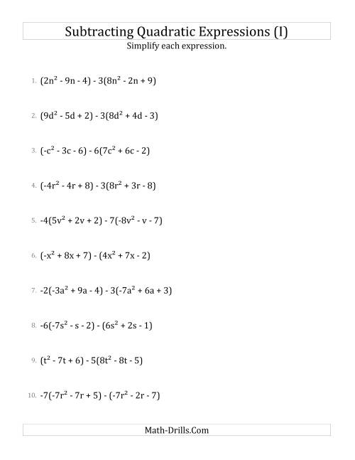 The Subtracting and Simplifying Quadratic Expressions with Some Multipliers (I) Math Worksheet