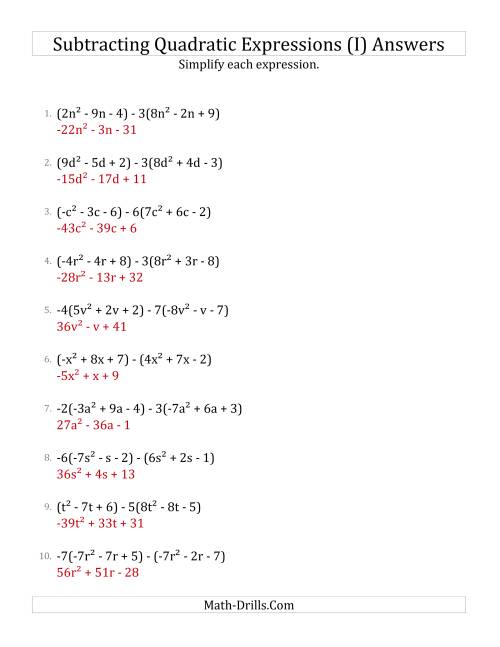 The Subtracting and Simplifying Quadratic Expressions with Some Multipliers (I) Math Worksheet Page 2