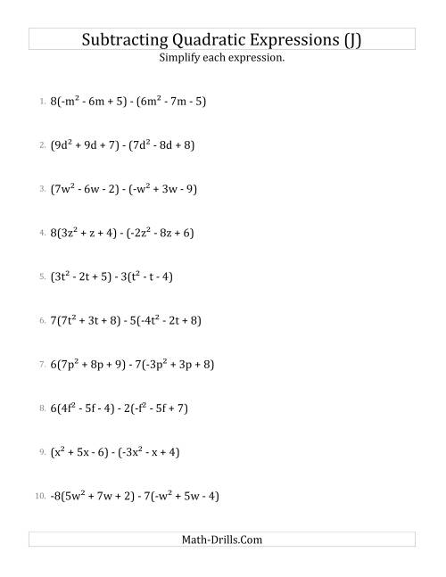 The Subtracting and Simplifying Quadratic Expressions with Some Multipliers (J) Math Worksheet