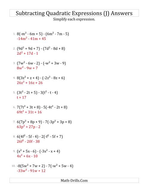 The Subtracting and Simplifying Quadratic Expressions with Some Multipliers (J) Math Worksheet Page 2