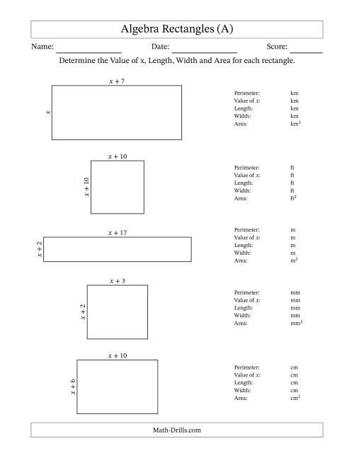 The Algebra Rectangles – Determining the Value of x, Length, Width and Area Using Algebraic Sides and the Perimeter – m Range [1,1] (A) Math Worksheet