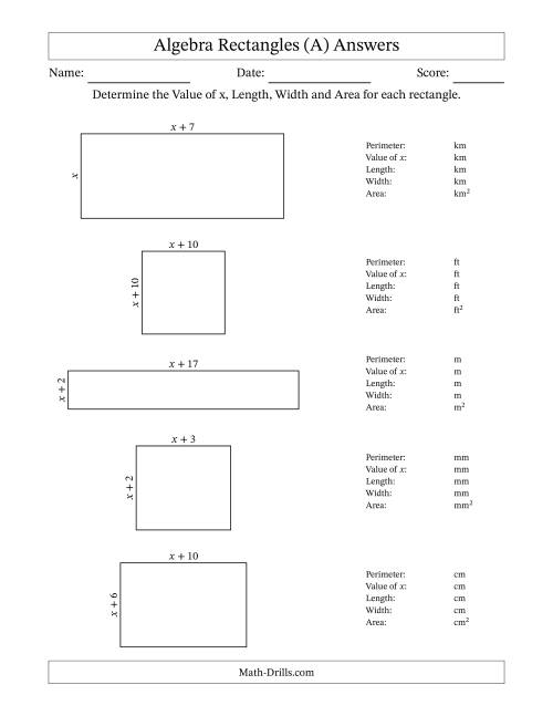 The Algebra Rectangles – Determining the Value of x, Length, Width and Area Using Algebraic Sides and the Perimeter – m Range [1,1] (A) Math Worksheet Page 2