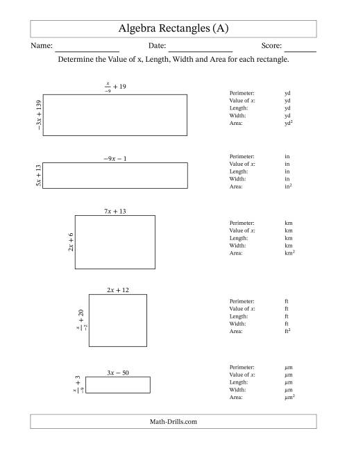 The Algebra Rectangles – Determining the Value of x, Length, Width and Area Using Algebraic Sides and the Perimeter – m Range [2,9] or [-9,-2] – Inverse m Possible (A) Math Worksheet