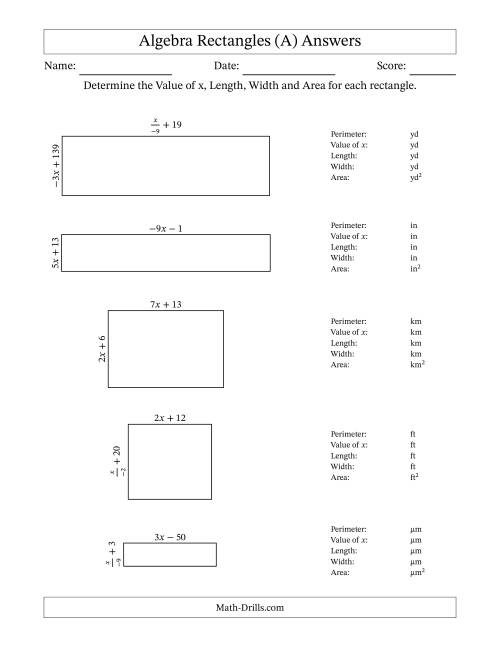 The Algebra Rectangles – Determining the Value of x, Length, Width and Area Using Algebraic Sides and the Perimeter – m Range [2,9] or [-9,-2] – Inverse m Possible (A) Math Worksheet Page 2